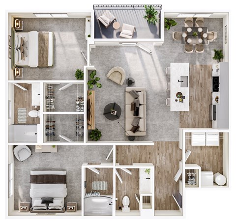 A top-down view of a house layout with a living room, kitchen, dining area, and bedrooms.